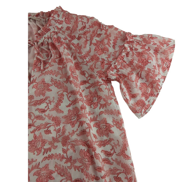 Loft Womens Pink White Floral Short Flutter Sleeve Blouse Lined Ruffle XS - Picture 5 of 9